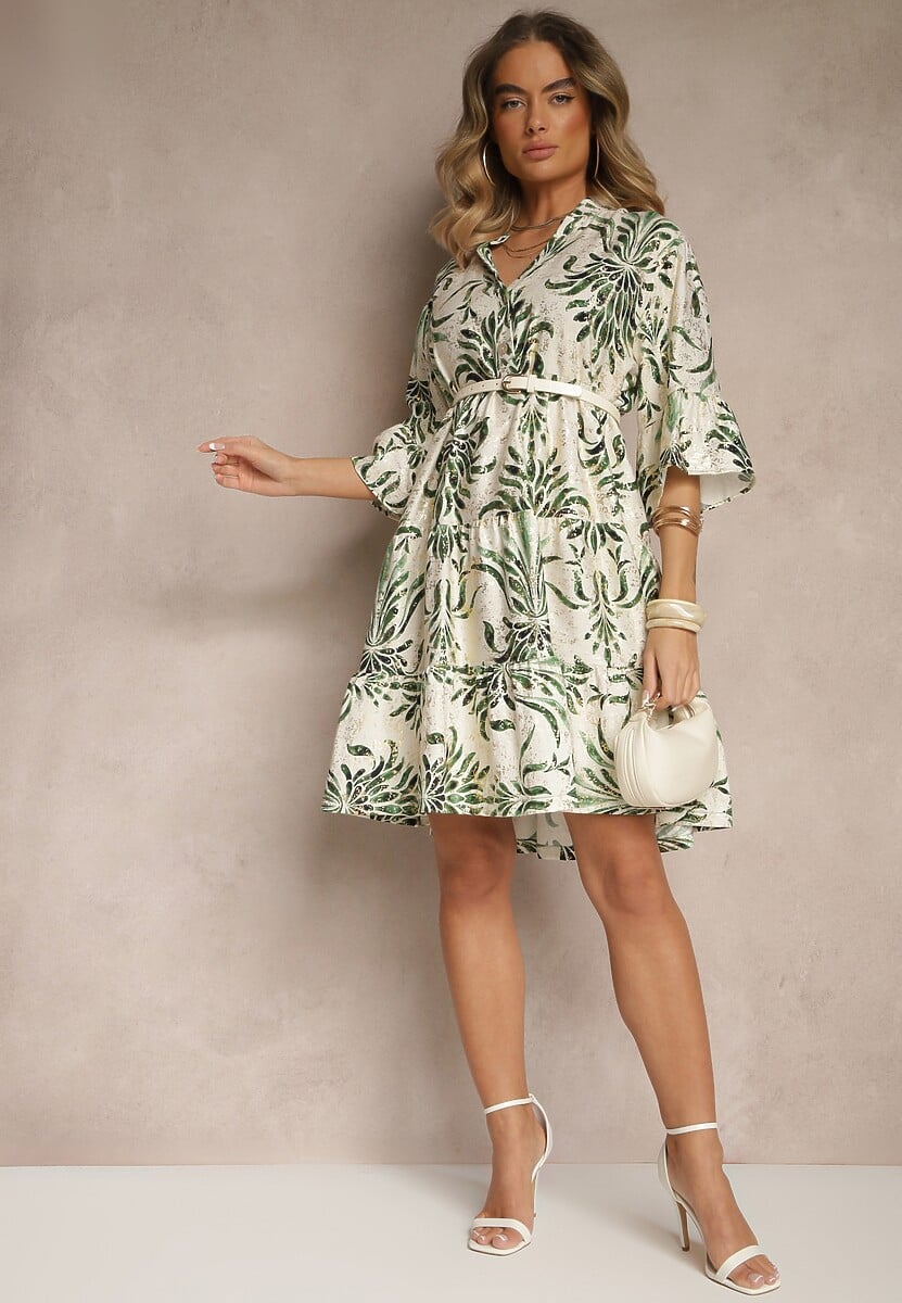 Zielono-Beżowa Sukienka z Lnem o Rozkloszowanym Kroju Zdobiona Metalicznym Nadrukiem Filinwena