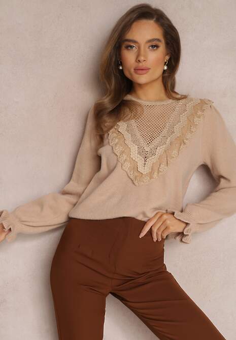 Beżowy Sweter z Falbankami i Ażurową Koronką Vegu