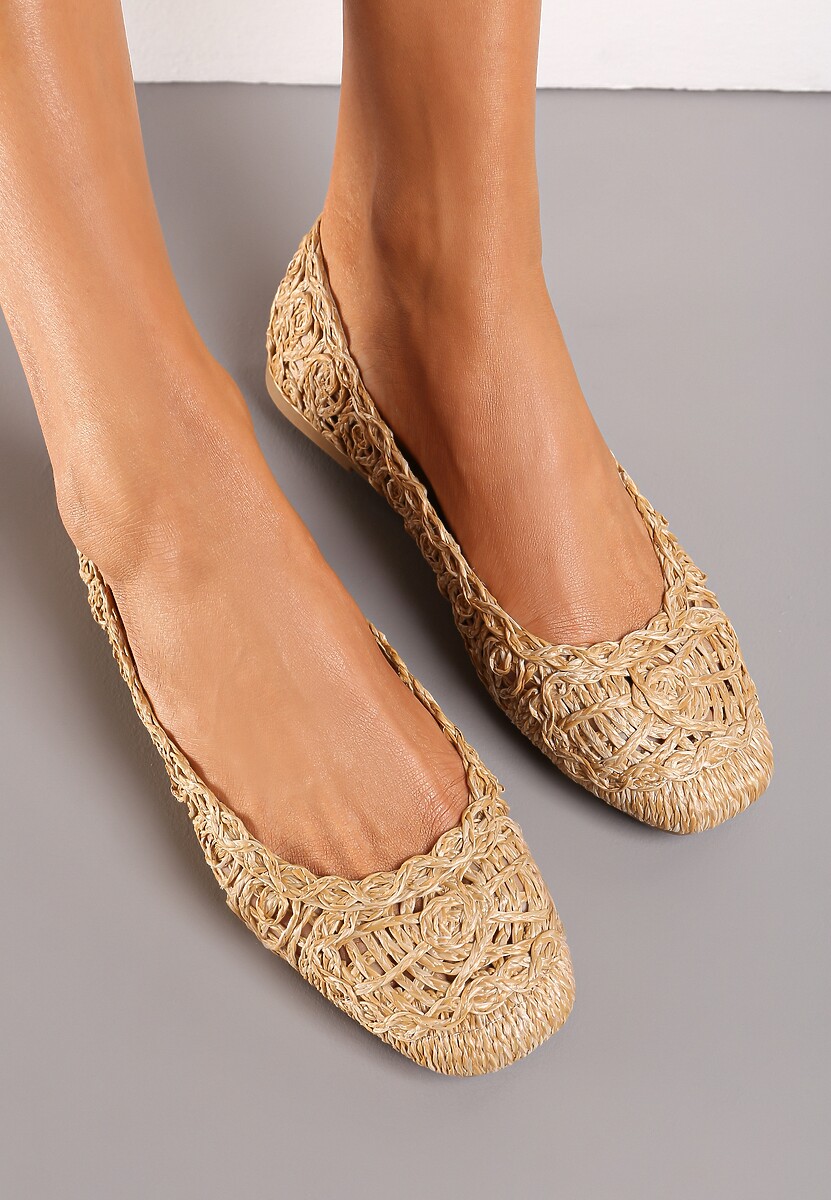 Ciemnobeżowe Balerinki na Płaskiej Podeszwie z Ażurowym Wzorem z Plecionki Erolani