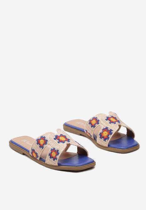 Niebieskie Klapki Ozdobione Haftowanymi Kwiatami Reviala