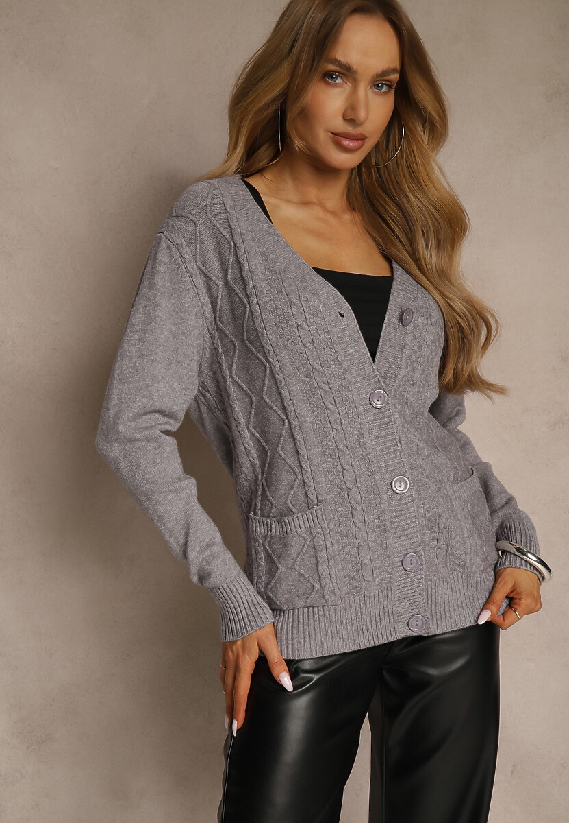 Szary Kardigan z Bawełną i Tłoczonym Wzorem Reisina