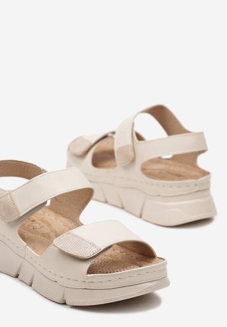 Beżowe Sandały z Wkładką ze Skóry na Grubej Podeszwie z Zapięciami na Rzepy Alindera