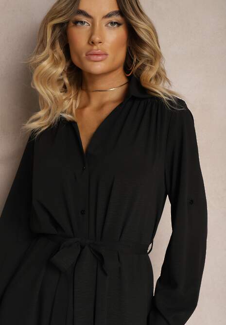 Czarna Casualowa Sukienka Koszulowa na Guziki z Kieszeniami Jezebel