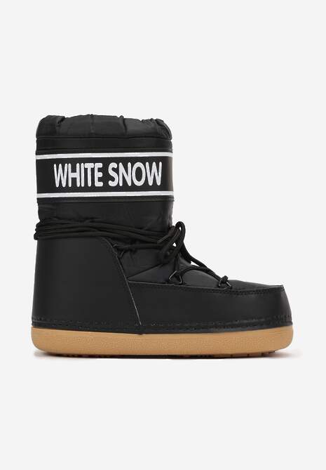 Czarne Ocieplone Śniegowce Wsuwane z Ozdobnym Napisem i Sznurowaniem Nalissa
