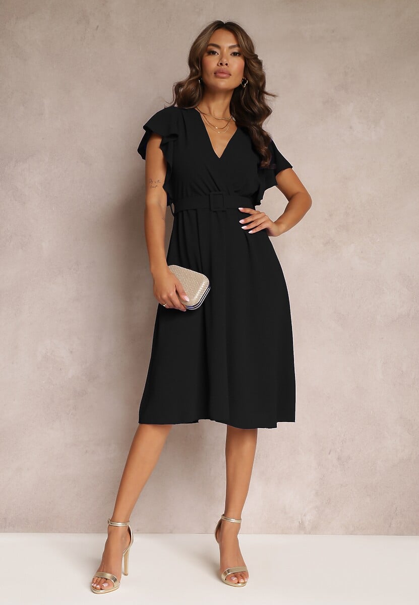 Czarna Rozkloszowana Sukienka z Paskiem i Kopertowym Dekoltem Brinea