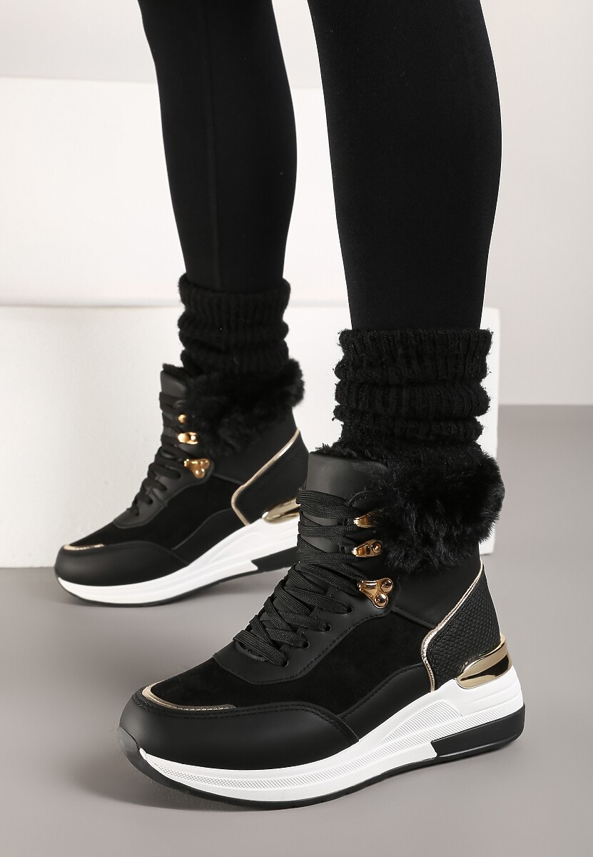 Czarne Futerkowe Sneakersy na Koturnie z Metalicznymi Wstawkami Kaithrin