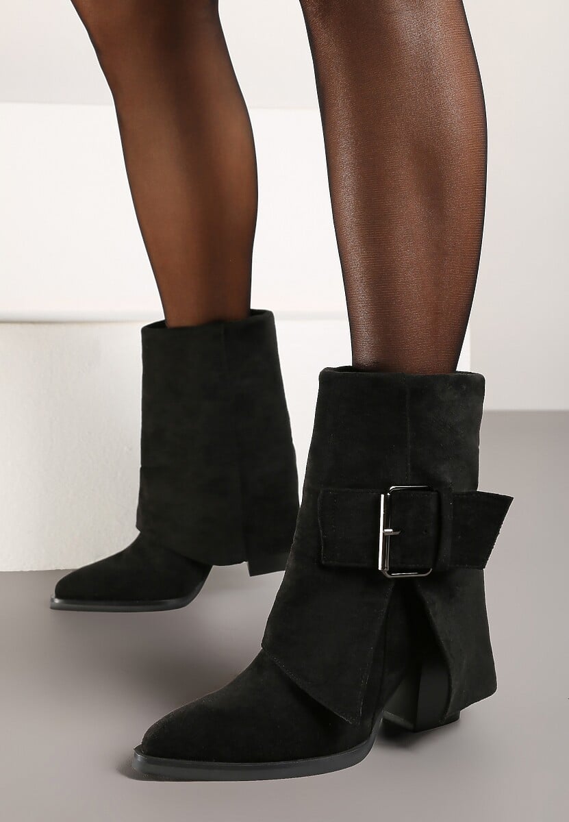 Ciemnobeżowe Botki Kowbojki na Słupku Ozdobione Wywiniętą Cholewką Ansinae