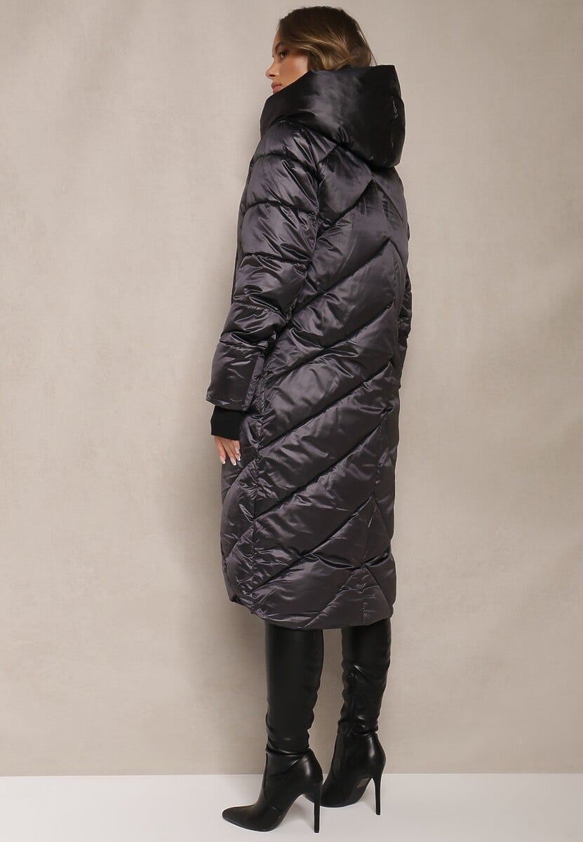 Ciemnoszara Pikowana Kurtka o Asymetrycznym Kroju z Kapturem Hedirani