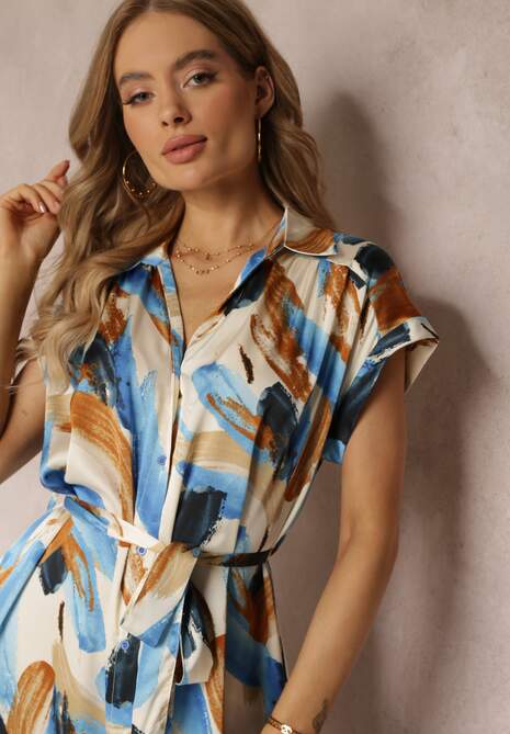 Niebieska Wzorzysta Sukienka Midi z Kołnierzem i Materiałowym Paskiem Jenica