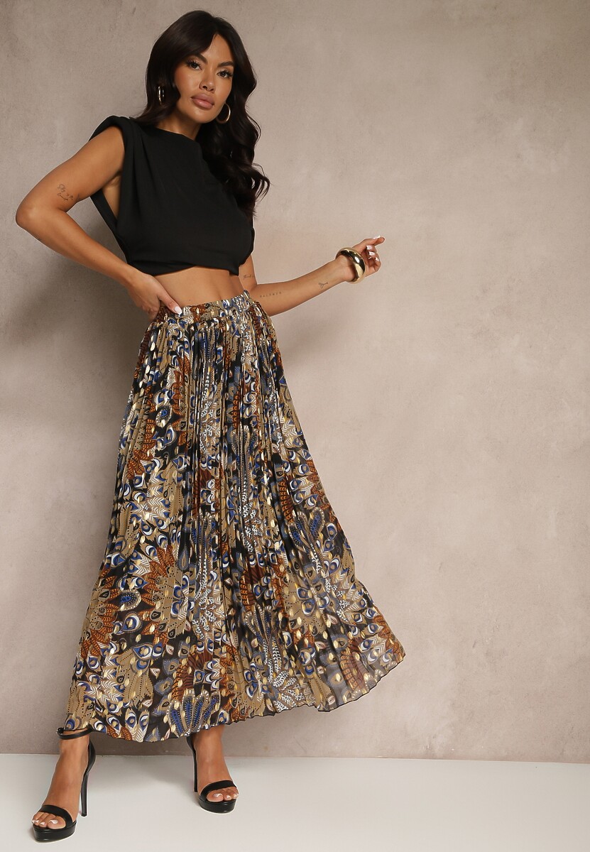 Beżowa Spódnica Plisowana Ozdobiona Metalicznym Nadrukiem Firavenne