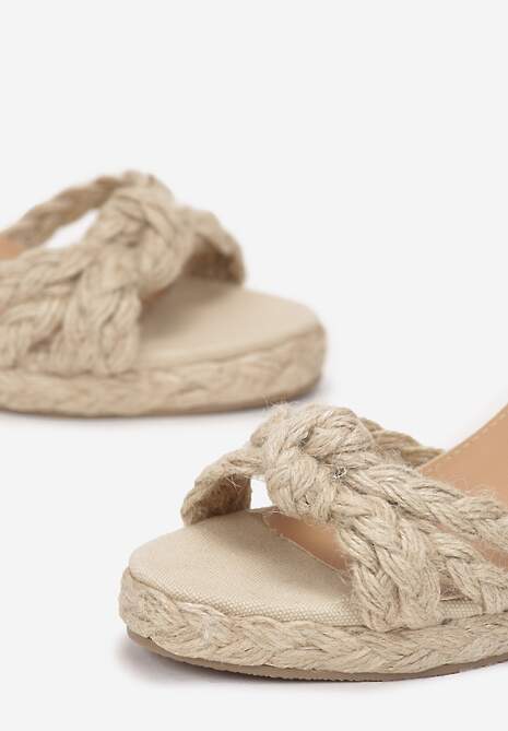Beżowe Sandały na Koturnie z Plecionki Konzisa