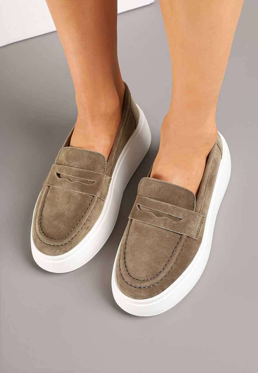Ciemnobeżowe Półbuty w Stylu Mokasynów na Platformie ze Skóry Naturalnej Nilovira