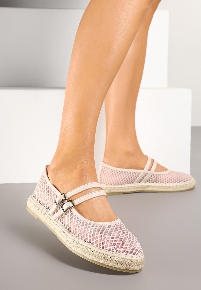 Beżowe Siateczkowe Espadryle Ozdobione Paskami i Plecionką Tullexia