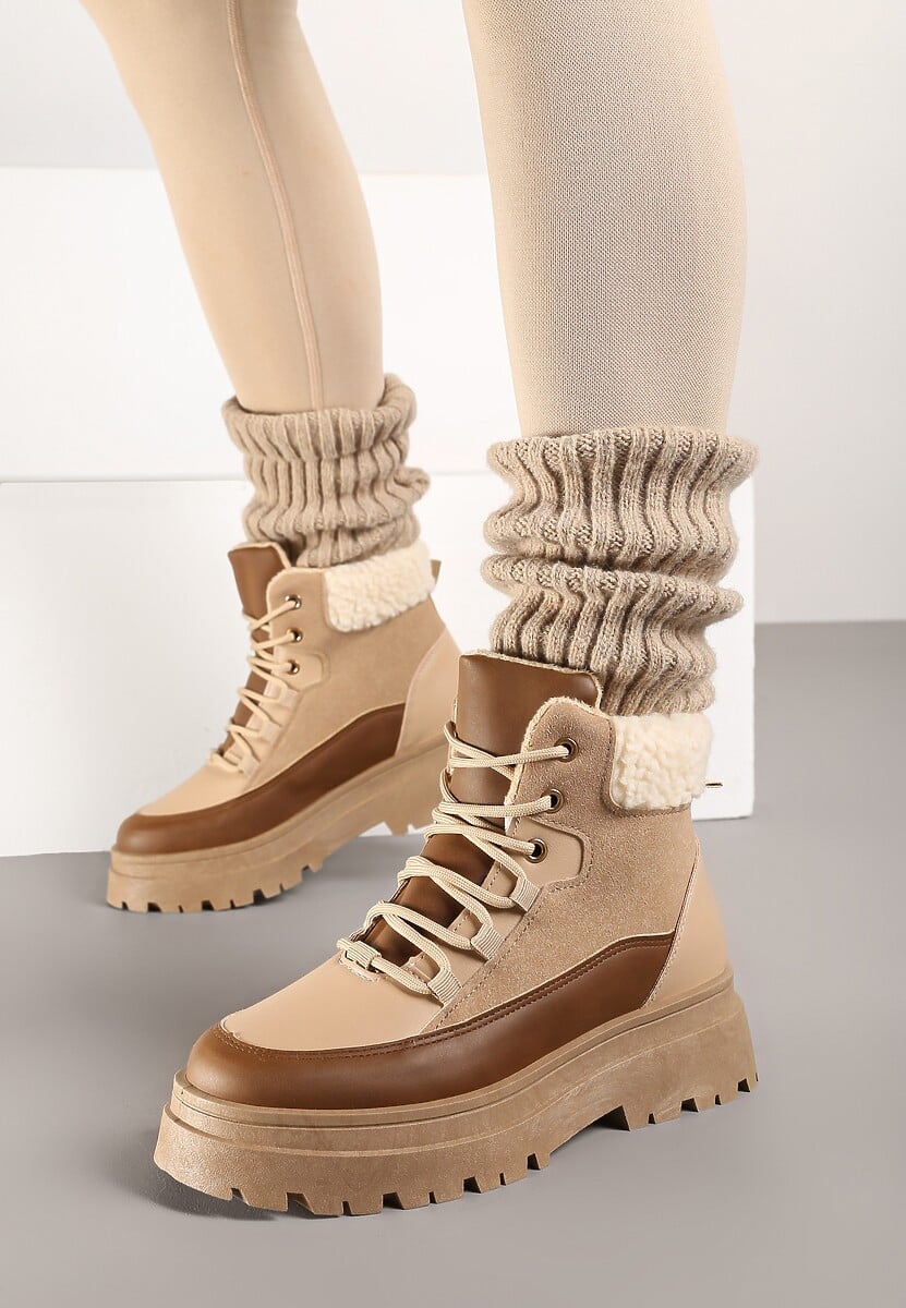 Ciemnobeżowe Traperki  Sznurowane Trapery Janne