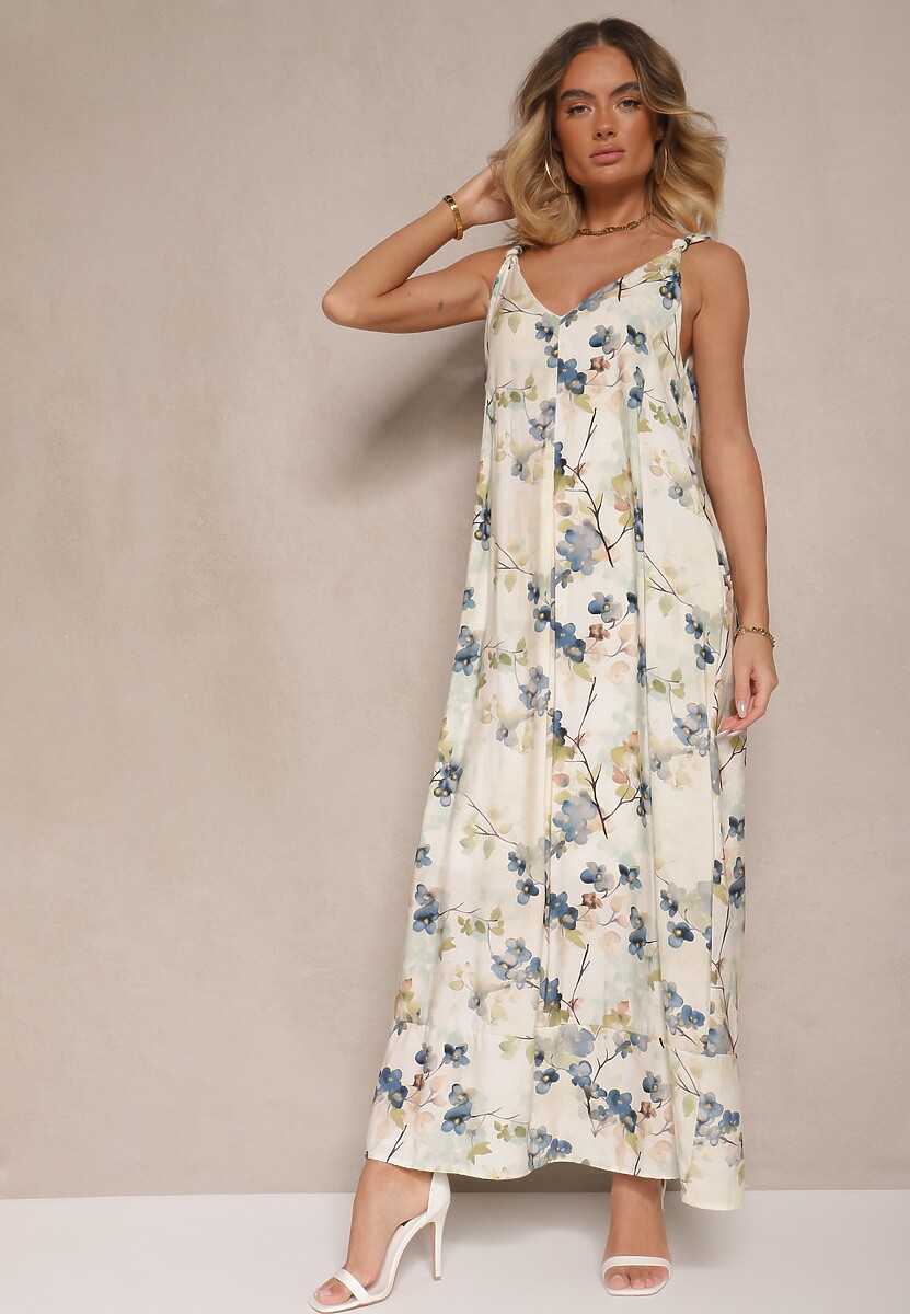 Beżowo-Zielona Rozkloszowana Sukienka na Ramiączkach z Wiskozą w Kwiatowy Wzór Jenariona