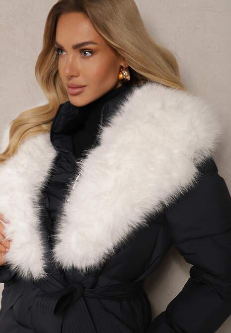 Granatowa Kurtka Ozdobiona Pikowaniem Odpinanym Kołnierzem z Futerkiem i Paskiem Edanora