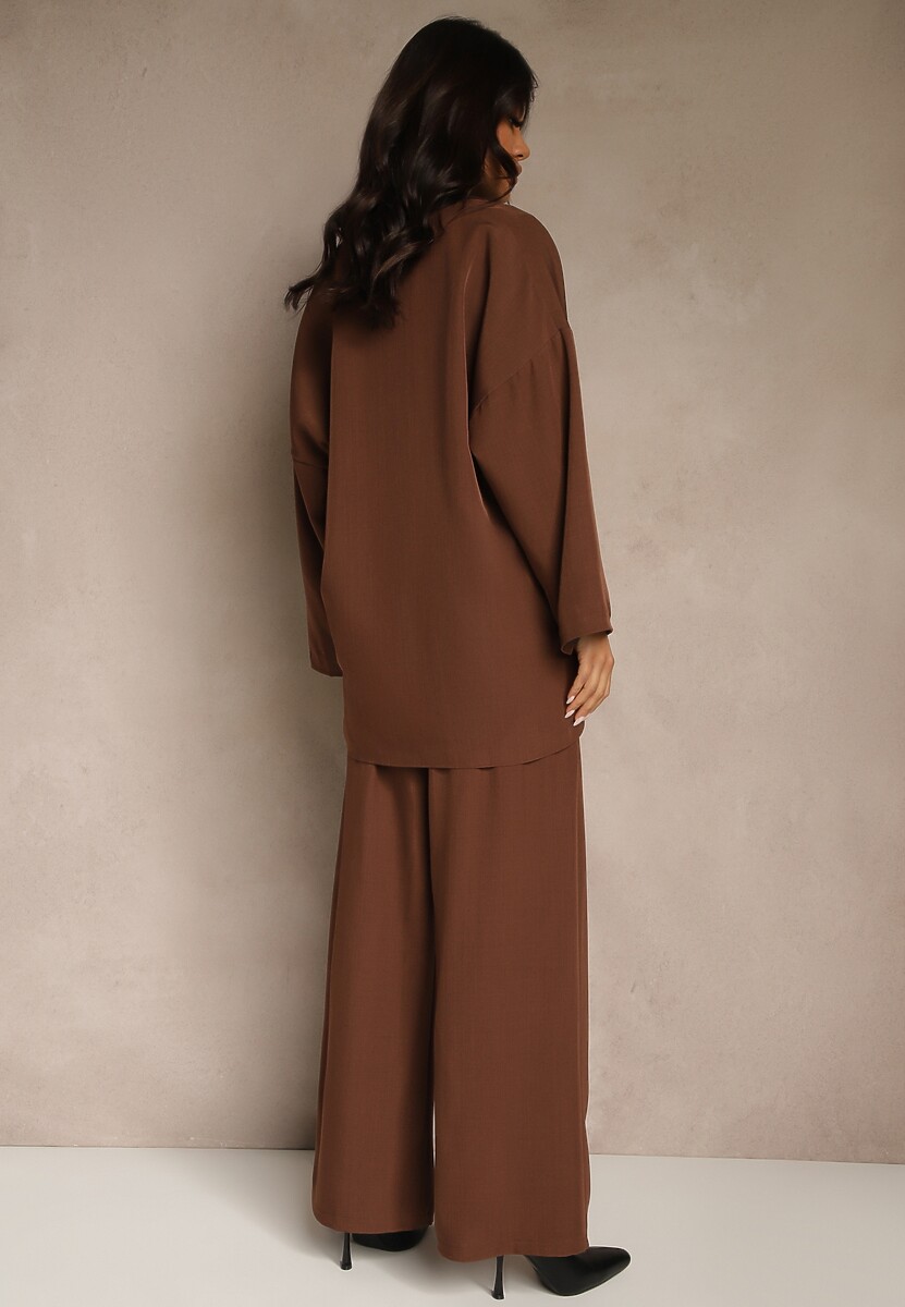 Brązowy Komplet Garniturowy Oversize Marynarka Dwurzędowa i Spodnie Wide Leg Tevilna