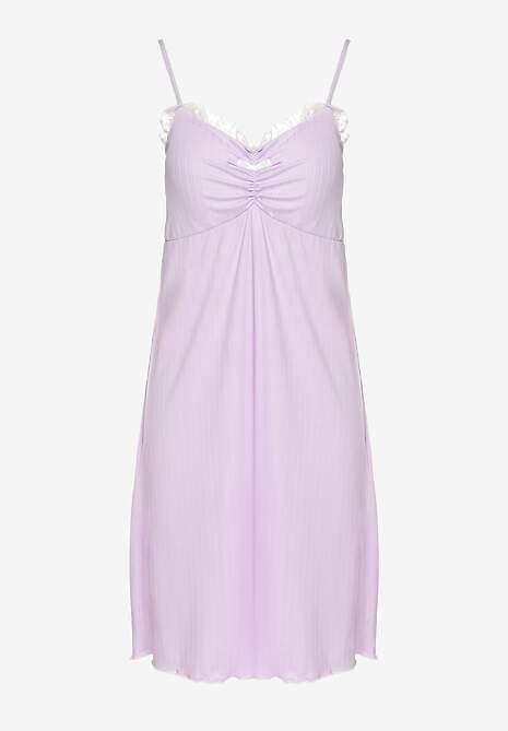 Fioletowa Koszula Nocna na Ramiączkach Zdobiona Marszczeniem Milonelia