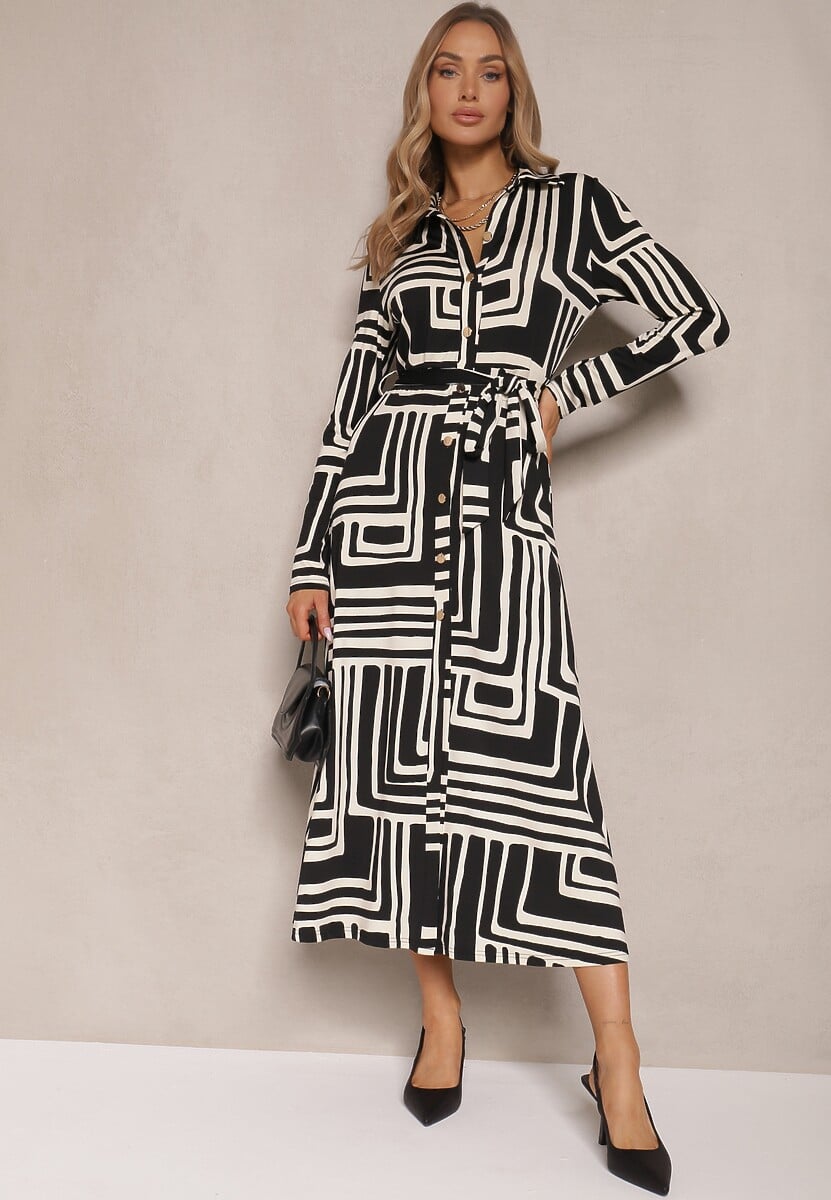 Czarna Sukienka z Wiskozą o Koszulowym Kroju z Wiązanym Paskiem Nimiessa