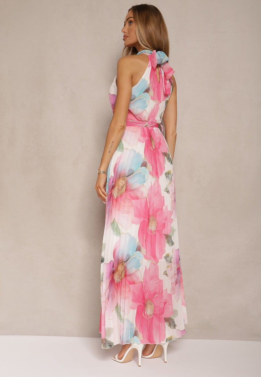 Różowa Plisowana Sukienka z Wiązaniem i Paskiem z Klamrą Nitolia