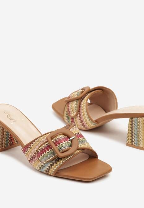 Brązowe Klapki z Plecionką i Klamerką na Słupkowym Obcasie Lisellea