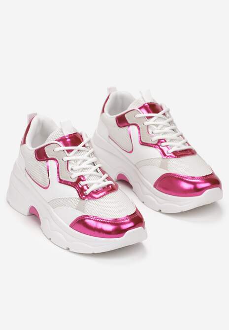 Biało-Fuksjowe Sneakersy na Grubej Podeszwie ze Wstawkami z Perforacją Lanya