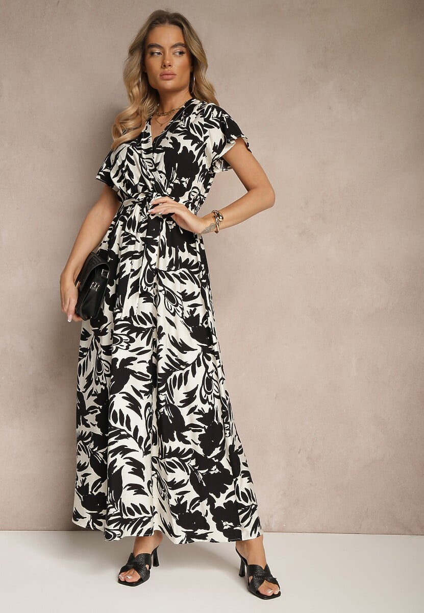 Czarna Wiskozowa Sukienka Kopertowa o Rozkloszowanym Kroju z Paskiem Rerriana