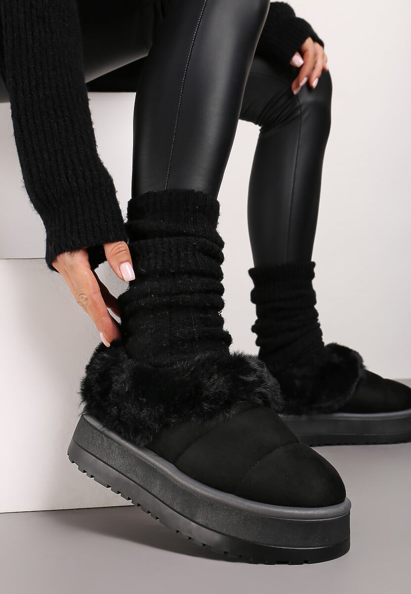 Czarne Śniegowce na Grubej Podeszwie z Pikowanego Materiału Ozdobione Futerkiem Avirorae