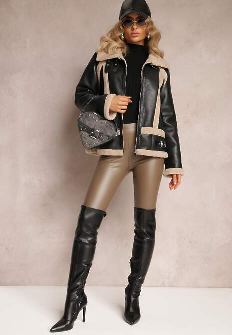 Czarna Kurtka Biker z Imitacji Skóry i Kożuszkiem Nilos