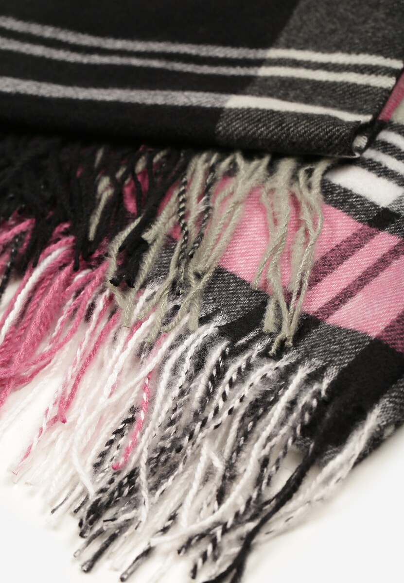 Szaro-Różowy Kraciasty Szalik z Wiskozy i Bawełny z Frędzlami Relavis