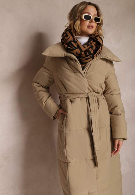 Ciemnobeżowa Kurtka za Kolano Pikowana Chadi