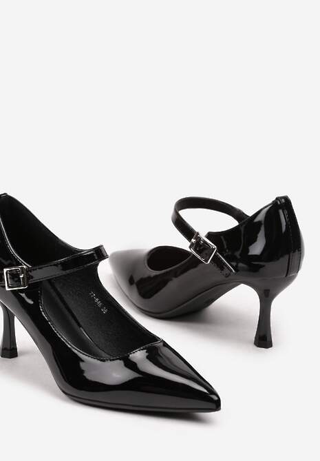 Czarne Czółenka Lakierowane na Szpilce z Ozdobnym Paskiem na Sprzączkę Erisla