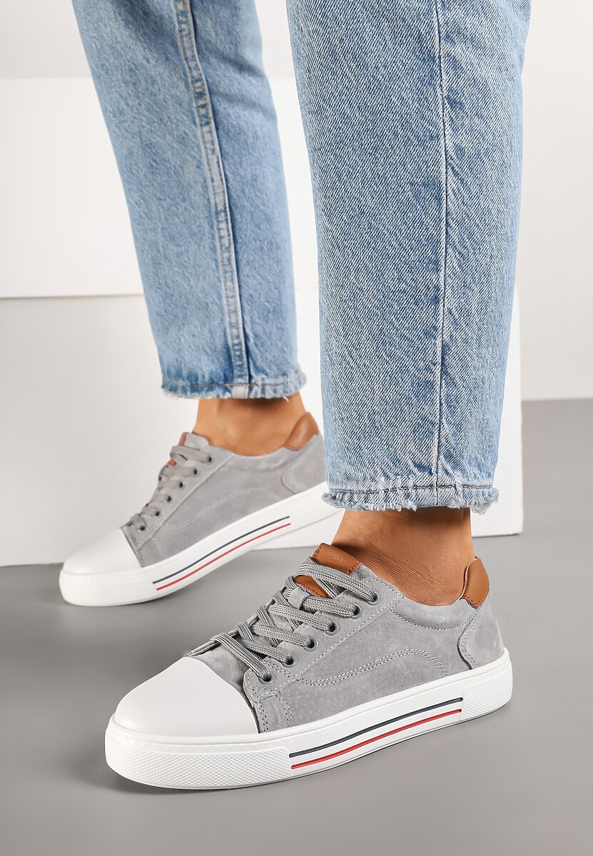 Szare Płaskie Trampki ze Skóry Naturalnej ze Skórzaną Wkładką i Ozdobnym Noskiem Milili