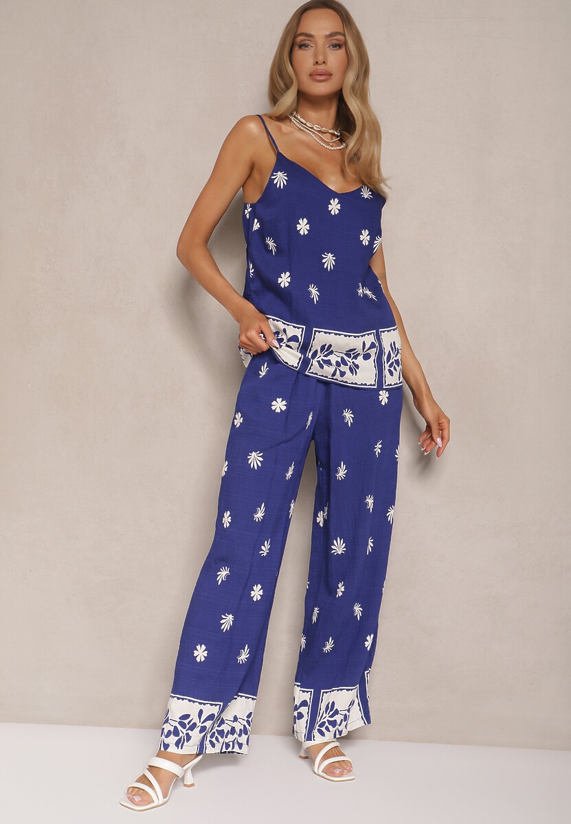 Beżowy Kwiatowy Komplet z Wiskozy Spodnie i Koszulka na Ramiączkach Beldisa