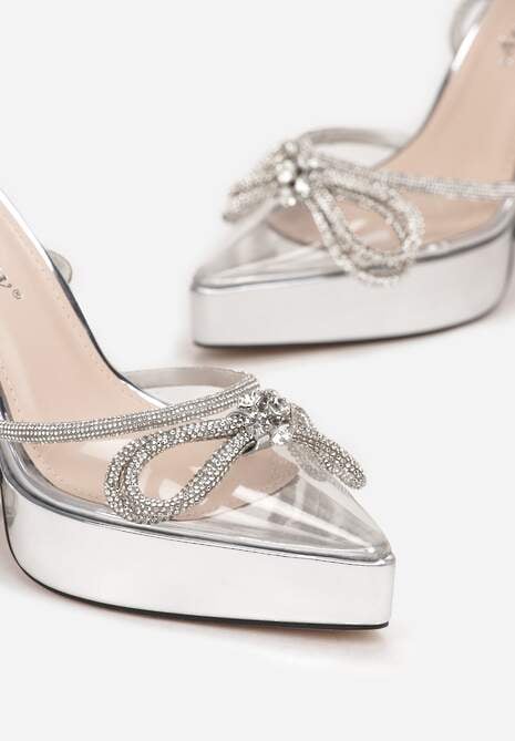 Srebrne Sandały na Klepsydrowym Obcasie i Platformie z Kokardką Kirsi