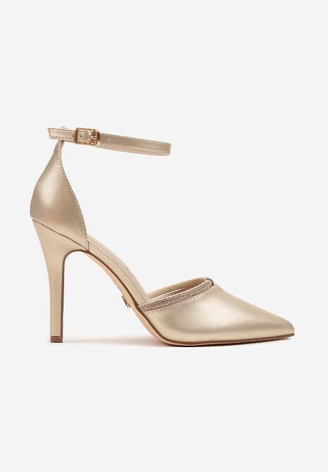 Złote Szpilki Vices z Wkładką ze Skóry Naturalnej i Ozdobnym Cyrkoniowym Paskiem Lizzeth