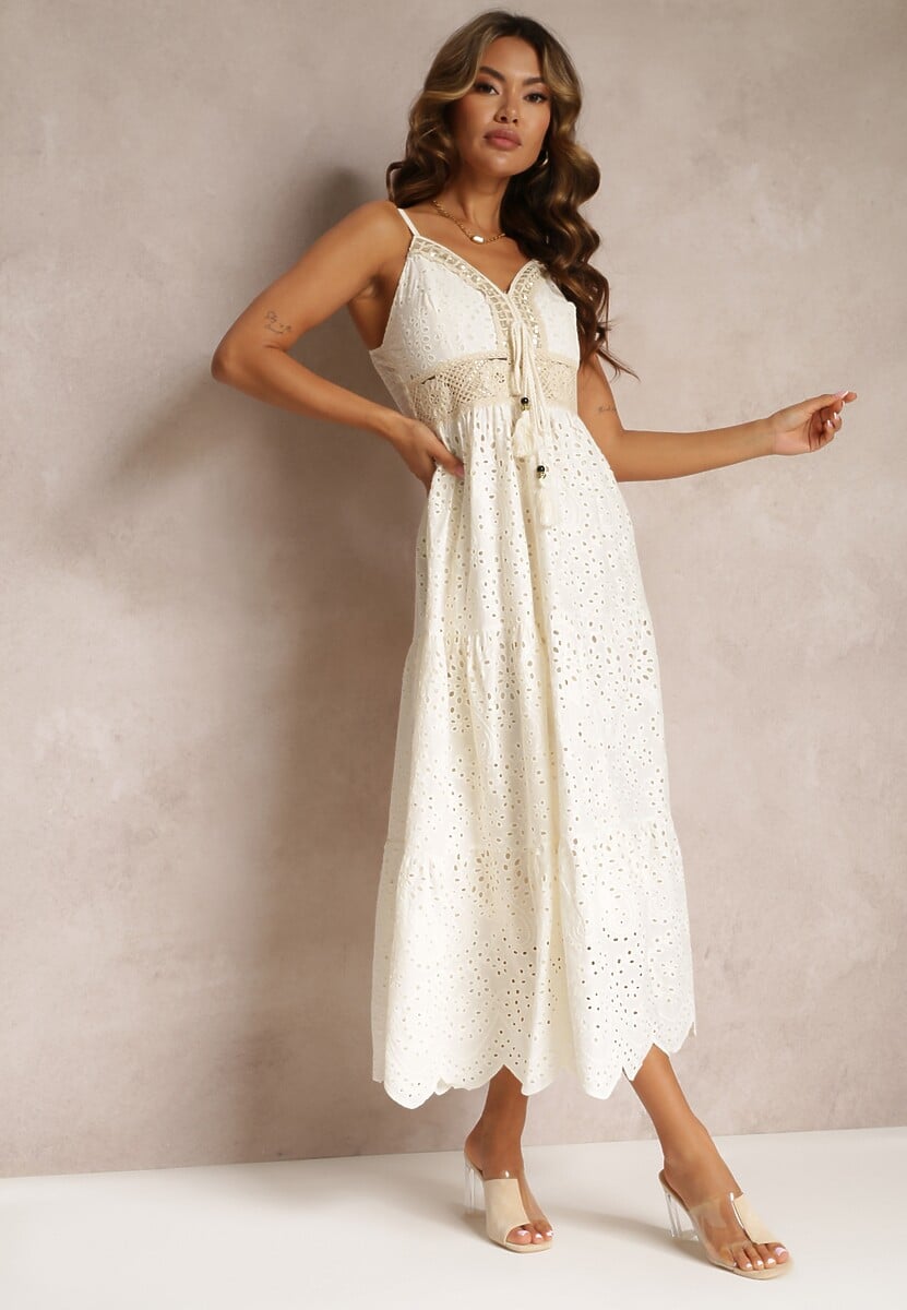 Beżowa Haftowana Sukienka z Bawełny na Cienkich Ramiączkach Ozdobiona Cekinami Helatia