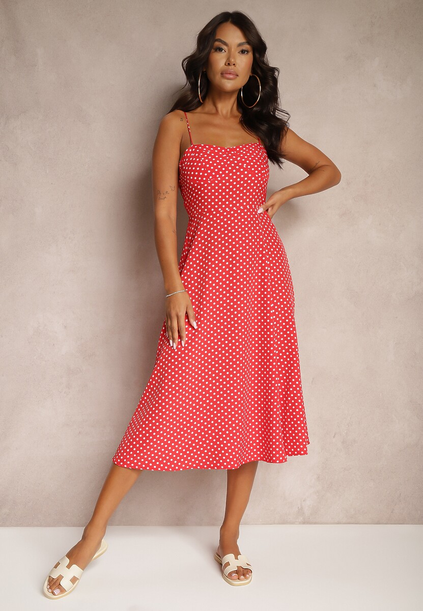 Czarna Rozkloszowana Sukienka Midi w Kropki na Ramiączkach Mabella