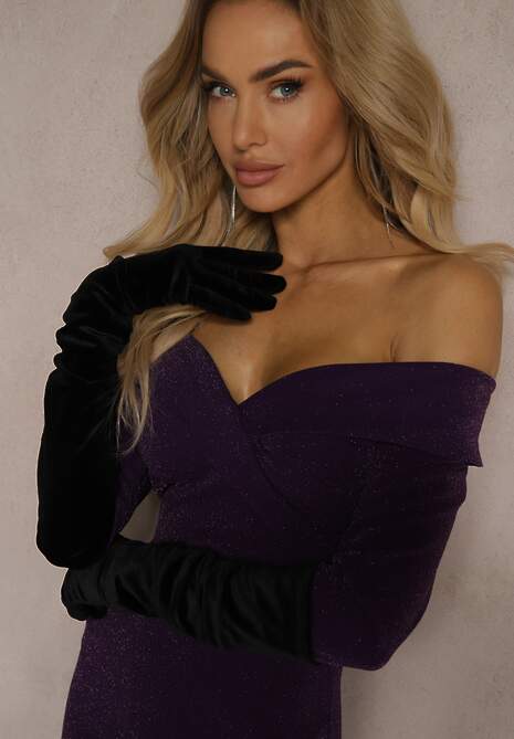 Ciemnofioletowa Sukienka Hiszpanka o Dopasowanym Kroju z Rozcięciem i Rozszerzanym Dołem Emeliora