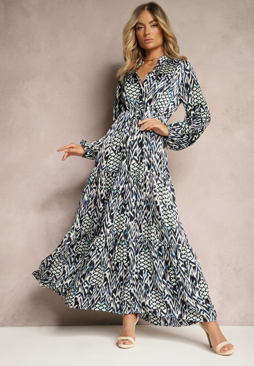 Niebieska Sukienka o Rozkloszowanym Kroju ze Ściągaczem w Talii i Trójkątnym Dekoltem z Guzikami Niamarie