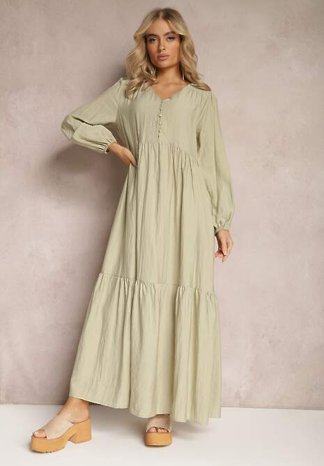 Zielona Rozkloszowana Sukienka Pudełkowa Maxi z Ozdobnymi Guzikami Nervatti