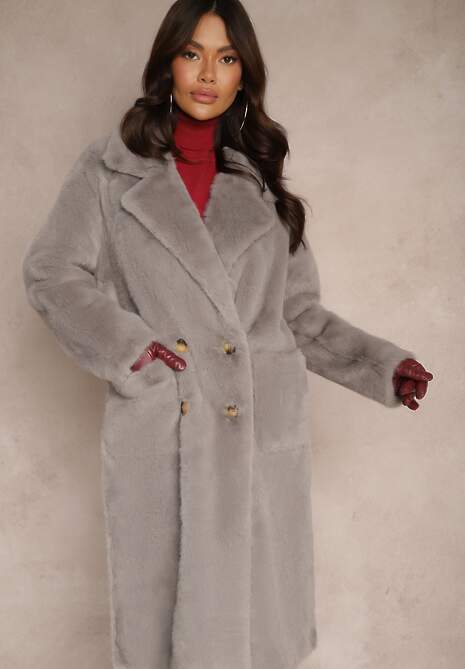 Szary Dwurzędowy Futrzany Płaszcz o Długim Kroju w Stylu Teddy Lilanieth