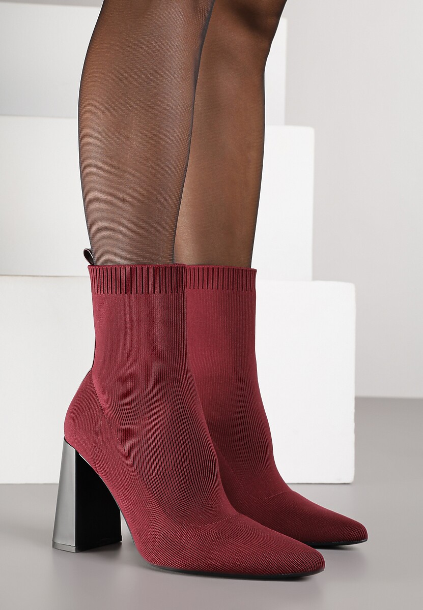 Bordowe Botki Vices na Geometrycznym Słupku ze Skarpetową Cholewką Falunelle