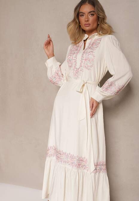 Jasnobeżowa Wiskozowa Sukienka Boho o Rozkloszowanym Kroju ze Stójką i Haftem Kolessaria