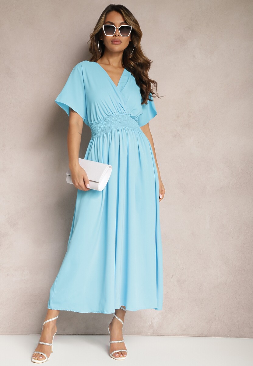 Niebieska Rozkloszowana Sukienka Długa o Kopertowym Kroju Alarava