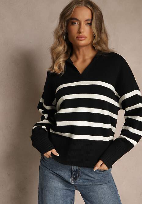 Czarno-Biały Sweter w Paski z Dekoltem w Serek z Kołnierzykiem Ralinavia