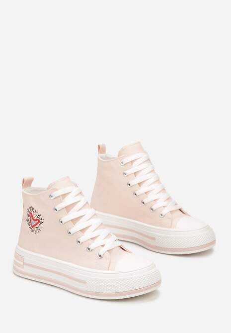 Różowe Trampki za Kostkę Ozdobione Haftowaną Naszywką Linasse