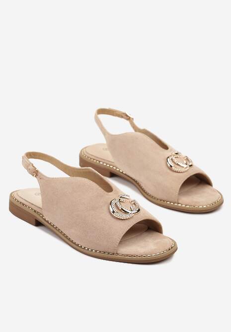 Beżowe Sandały z Wkładką ze Skóry Naturalnej z Metaliczną Aplikacją Sadise