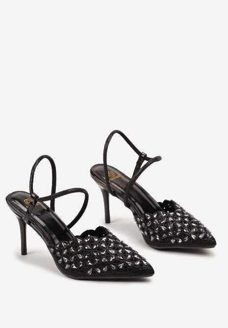Czarne Sandały na Szpilce Slingback z Cyrkoniami Dimte