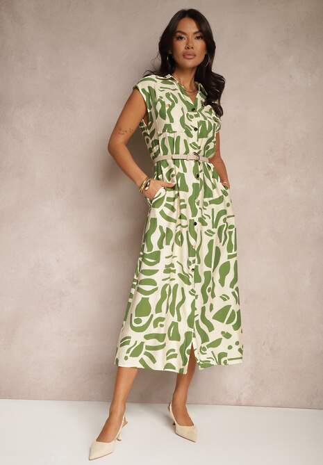 Zielona Sukienka Koszulowa z Kieszeniami w Geometryczny Print Arathia